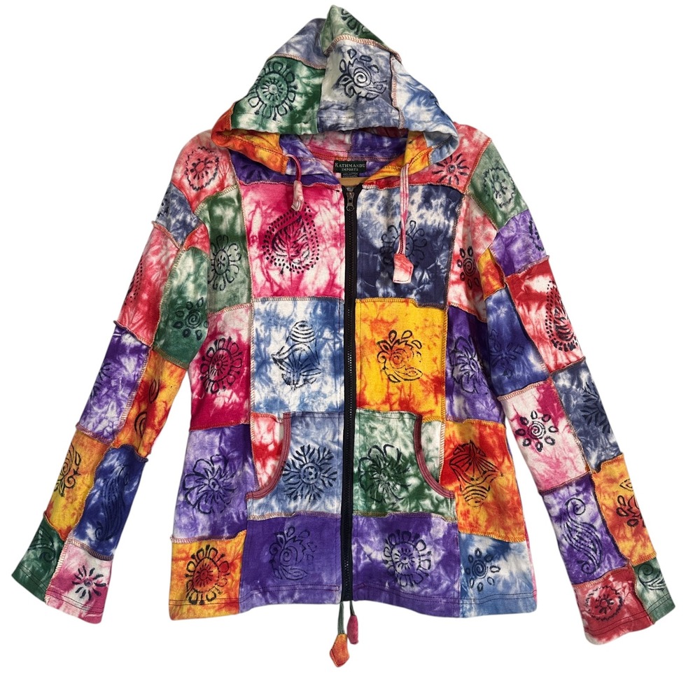 Kathmandu Imports Hoodie Patchwork Tie‎ Dye Woodblock Print Multicolor M Boho